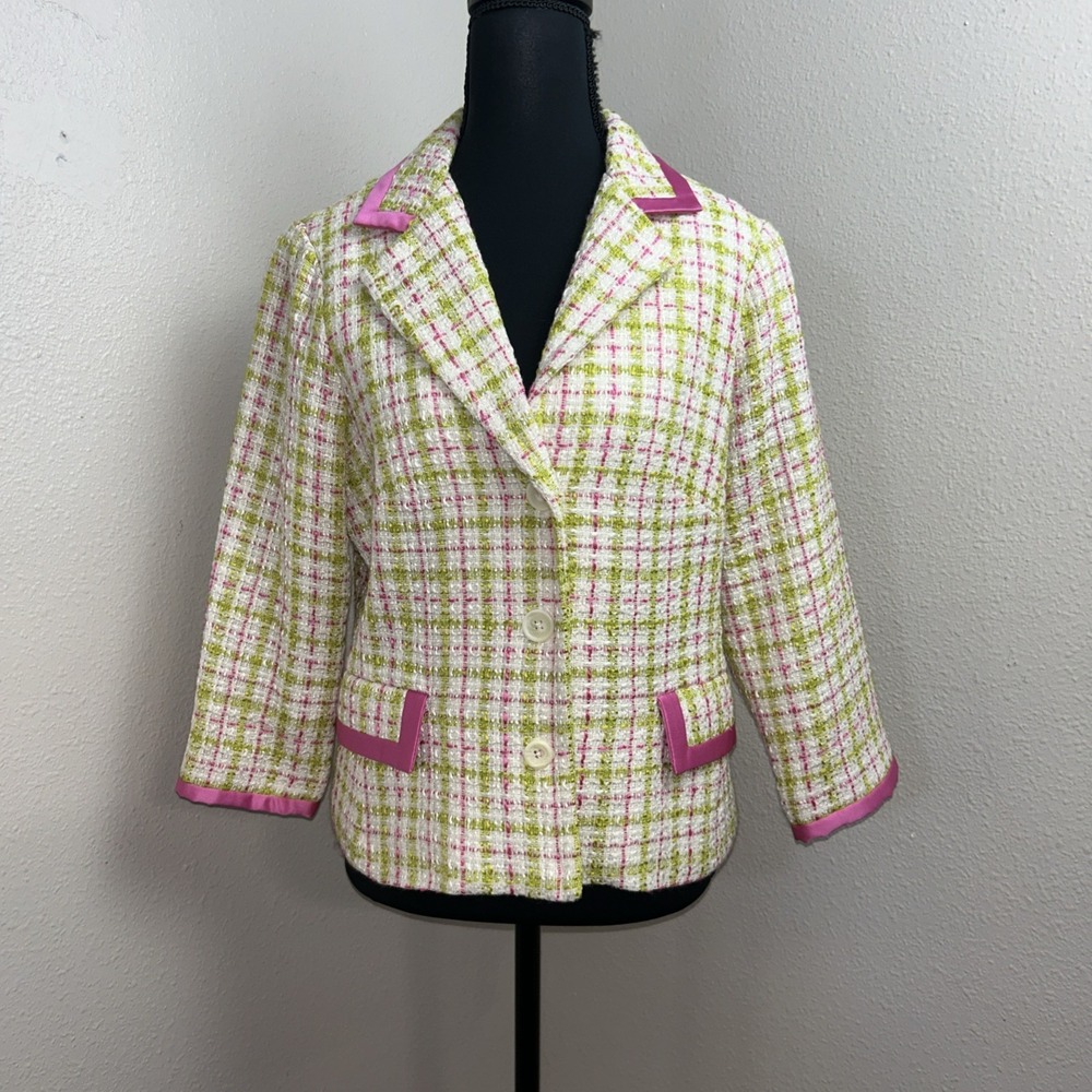 Karen Kane Blazer Women's 8 Pink & Green Plaid Button Classic Career Wool Blend